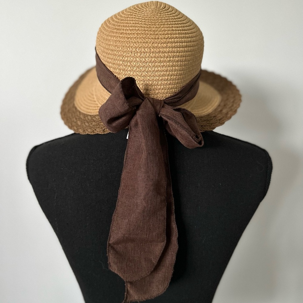 Elegant Brown Straw Hat with Ribbon